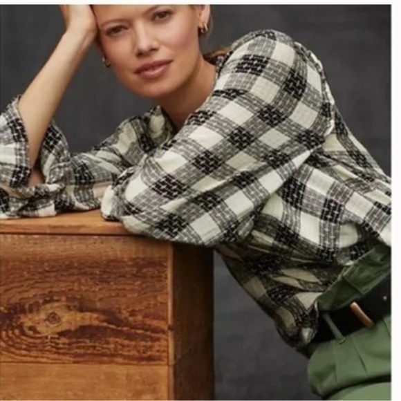 Anthropologie Pilcro Breezy Button down Black Ruffle Lightweight Plaid Shirt Top - Picture 2 of 12